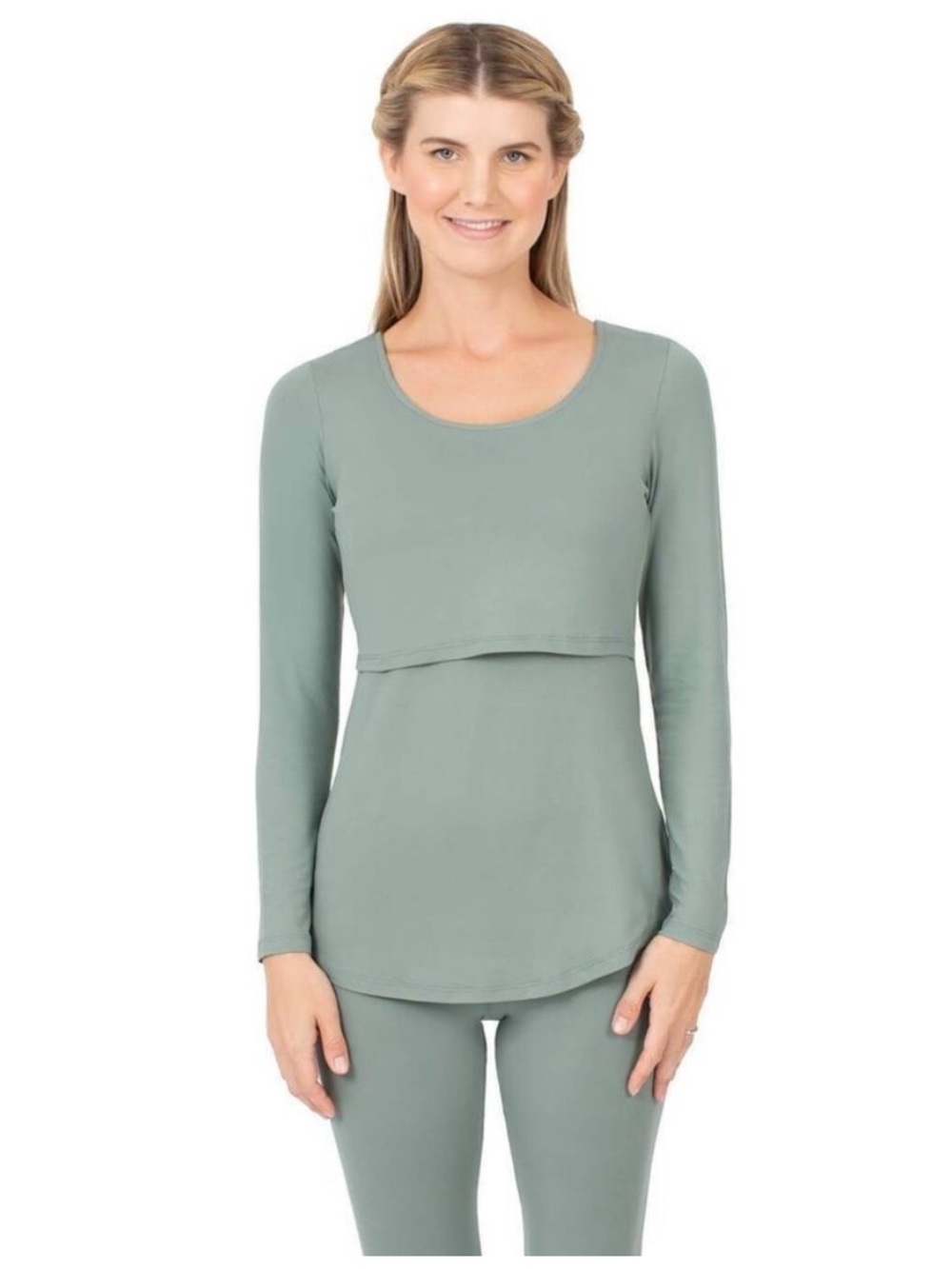Kindred Bravely M Sage Green Layered Nursing Maternity Long Sleeve Top
